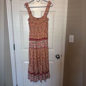 Aura Floral Smocked Midi Dress Boho Tiered Peach Pink Small